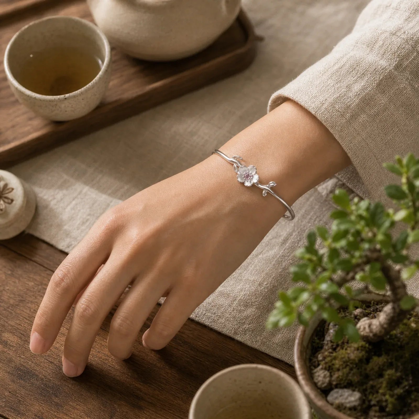 925 Sterling Silver Cherry Blossom Luck Bracelet Bangle featuring Silver