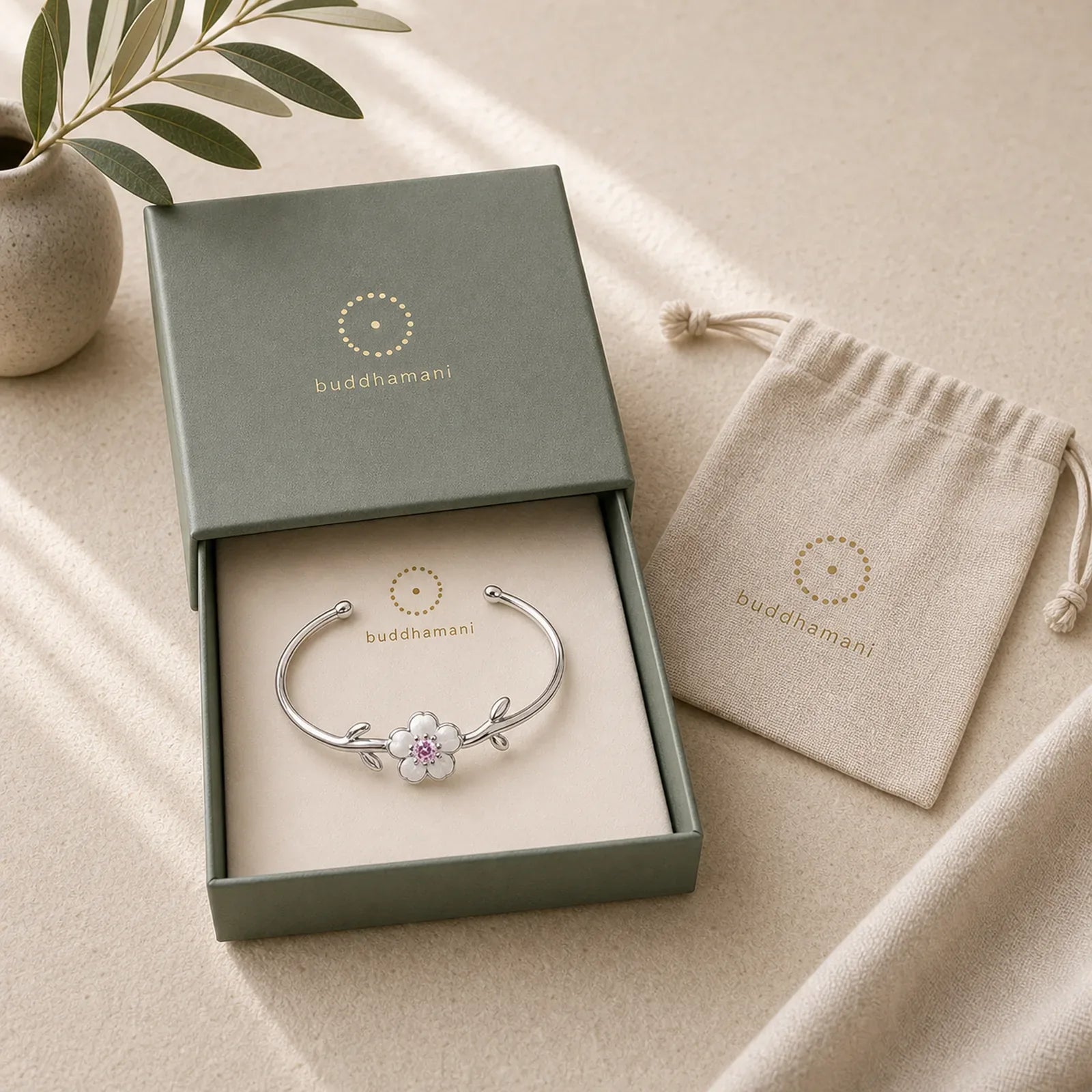 925 Sterling Silver Cherry Blossom Luck Bracelet Bangle featuring Silver