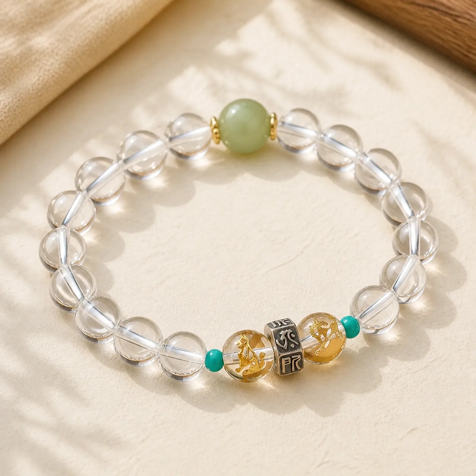 925 Sterling Silver Chinese Zodiac Natal Buddha Auspicious Groups White Crystal Hetian Jade Healing Bracelet featuring Silver, Clear Quartz / White Crystal, Jade