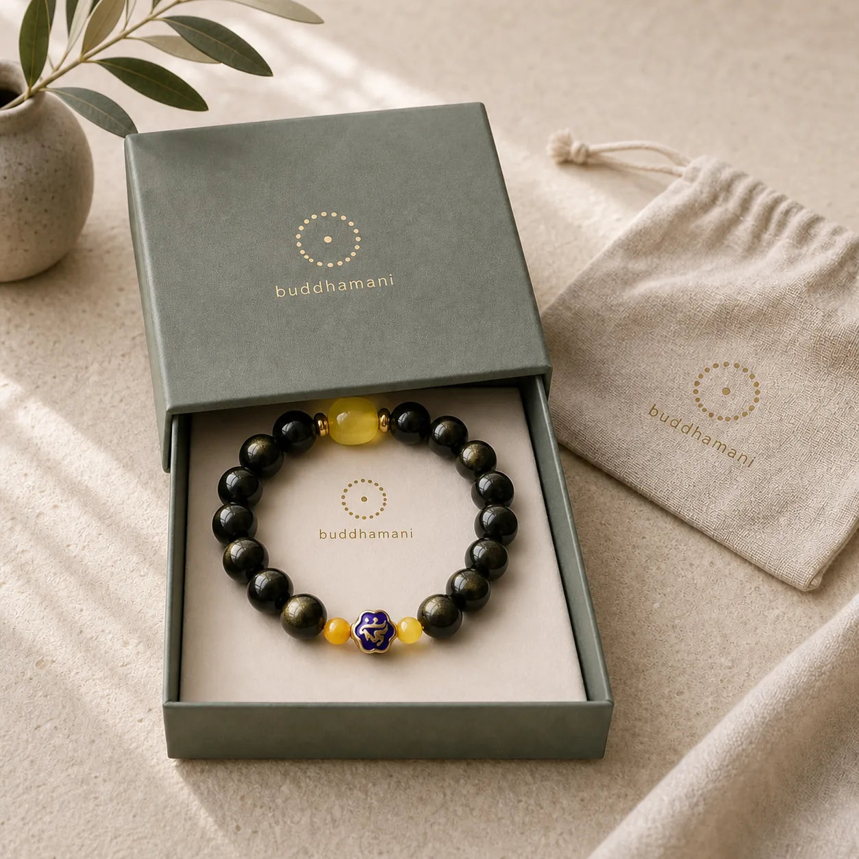 925 Sterling Silver Chinese Zodiac Natal Buddha Natural Gold Sheen Obsidian Amber Wealth Protection Bracelet featuring Silver, Gold Sheen Obsidian, Obsidian