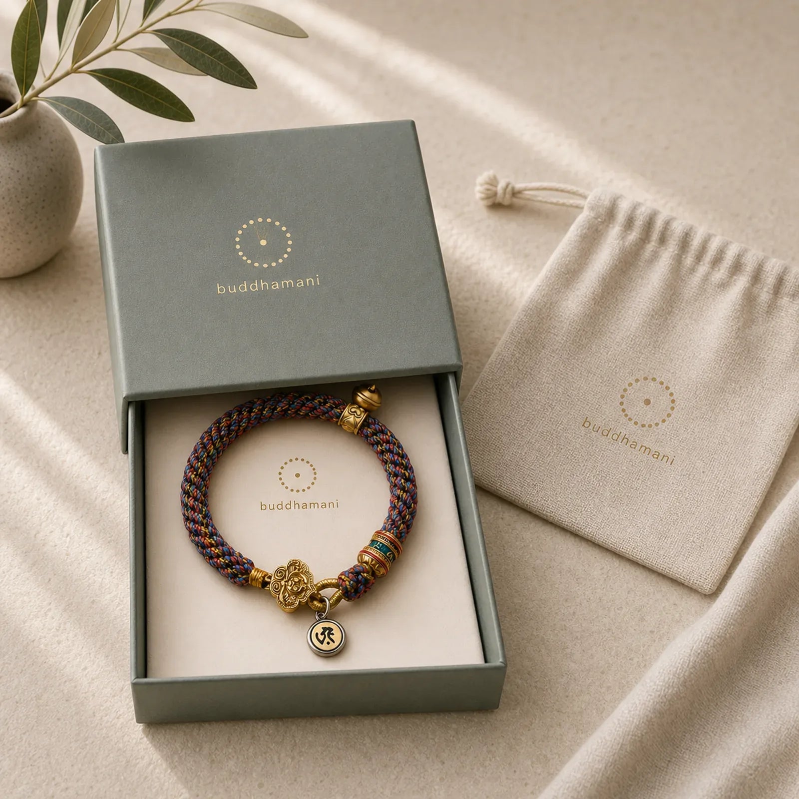 925 Sterling Silver Chinese Zodiac Natal Buddha Om Mani Padme Hum Luck Bell Braided String Bracelet featuring Silver, Om Mani Padme Hum, Om