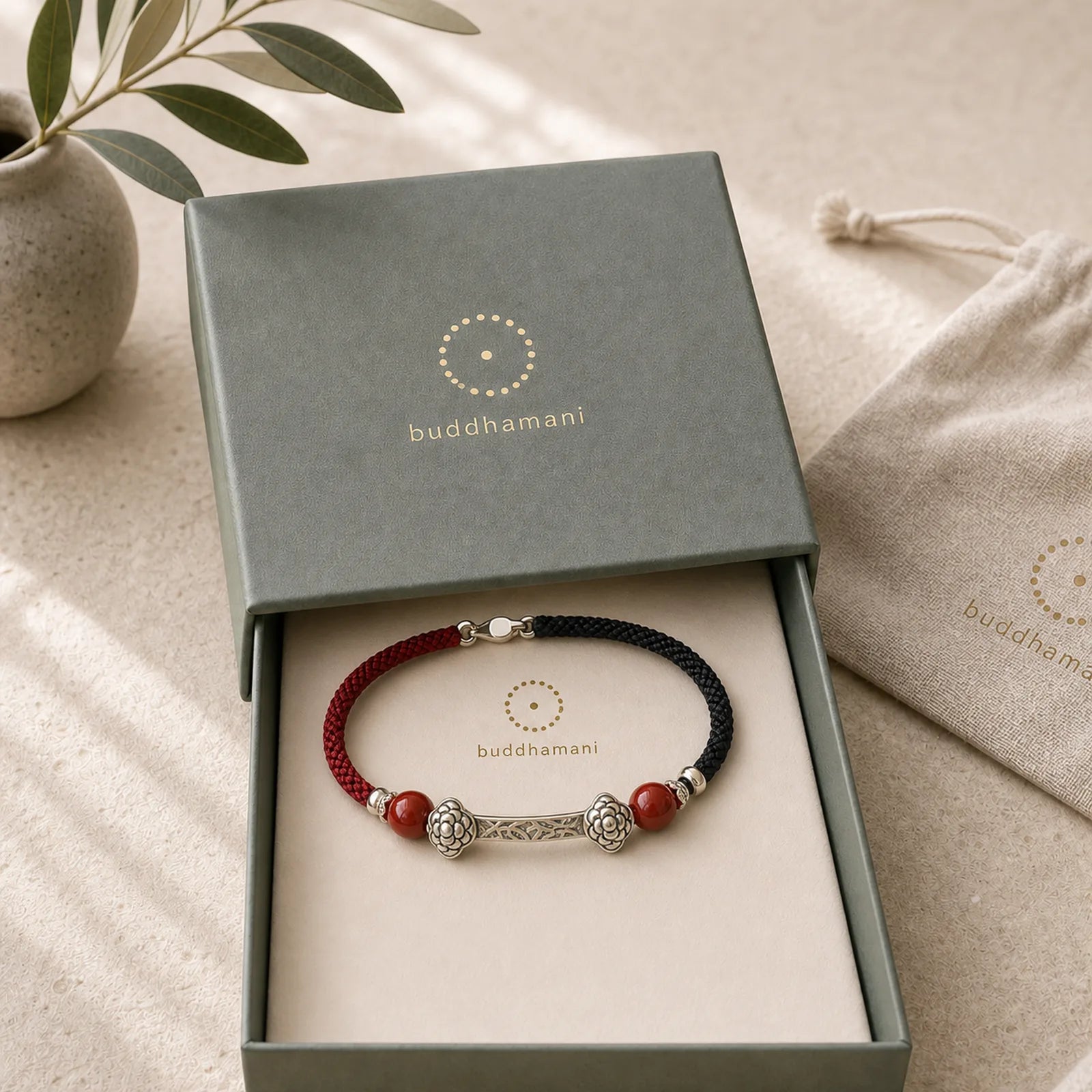 925 Sterling Silver Cinnabar Blessing String Bracelet featuring Silver, Cinnabar, Red String
