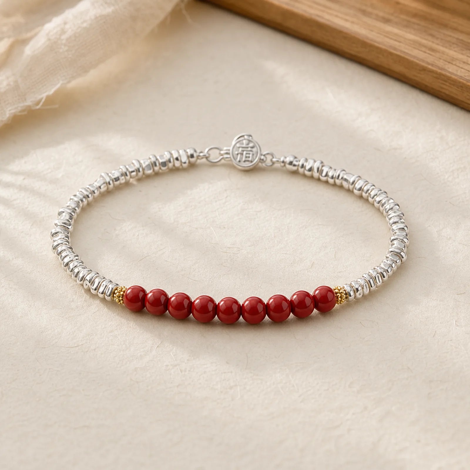 925 Sterling Silver Cinnabar Fu Character Blessing Bracelet featuring Silver, Cinnabar, Fu Character