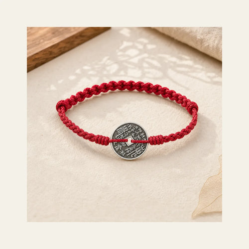 925 Sterling Silver Coin Protection Braided Bracelet Anklet featuring Silver, Red String