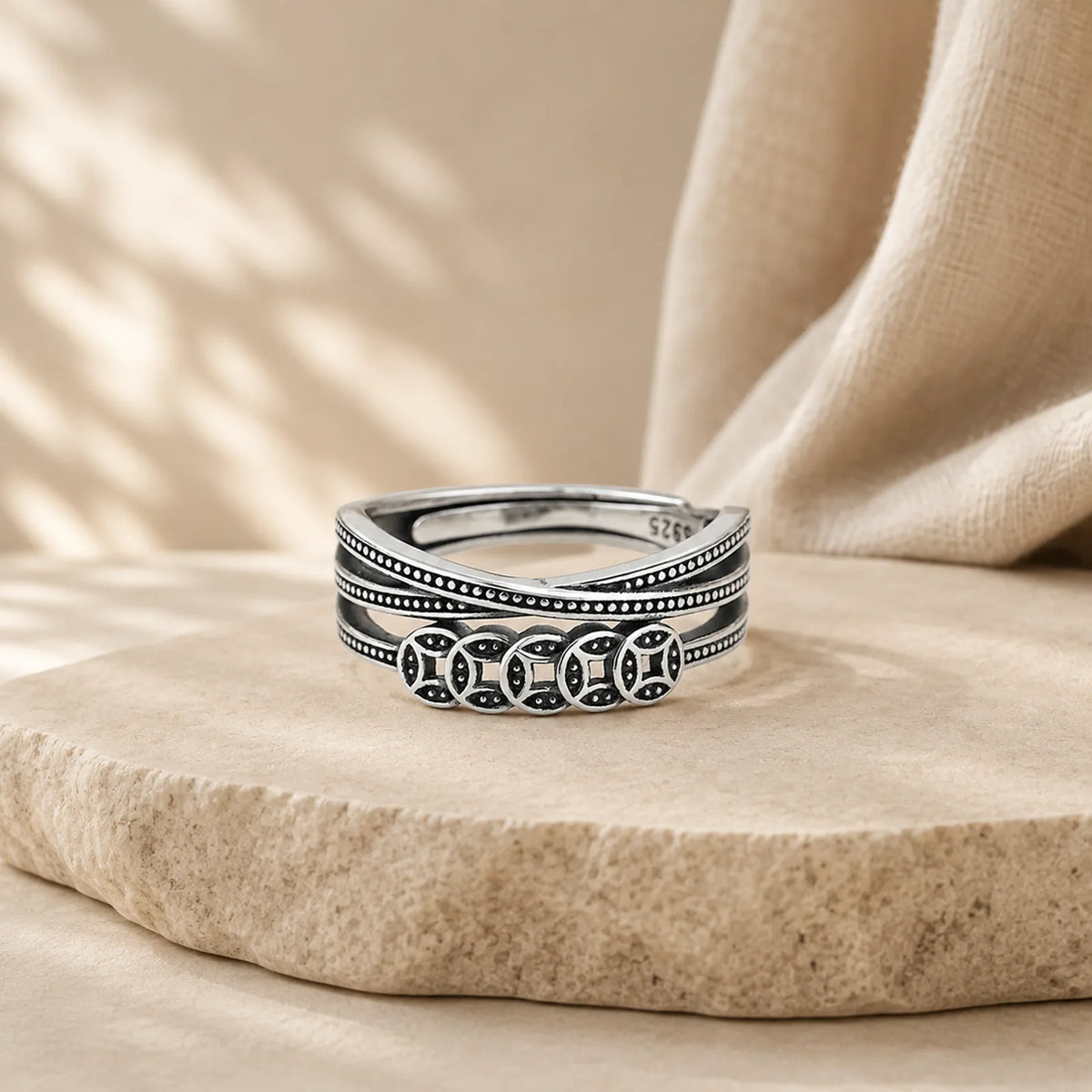 925 Sterling Silver Copper Coins Wealth Blessing Adjustable Ring featuring Silver, Copper