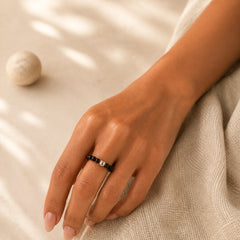 925 Sterling Silver Crystal Beads White Jade Black Onyx Blessing Elastic Ring featuring Silver, White Jade, Jade