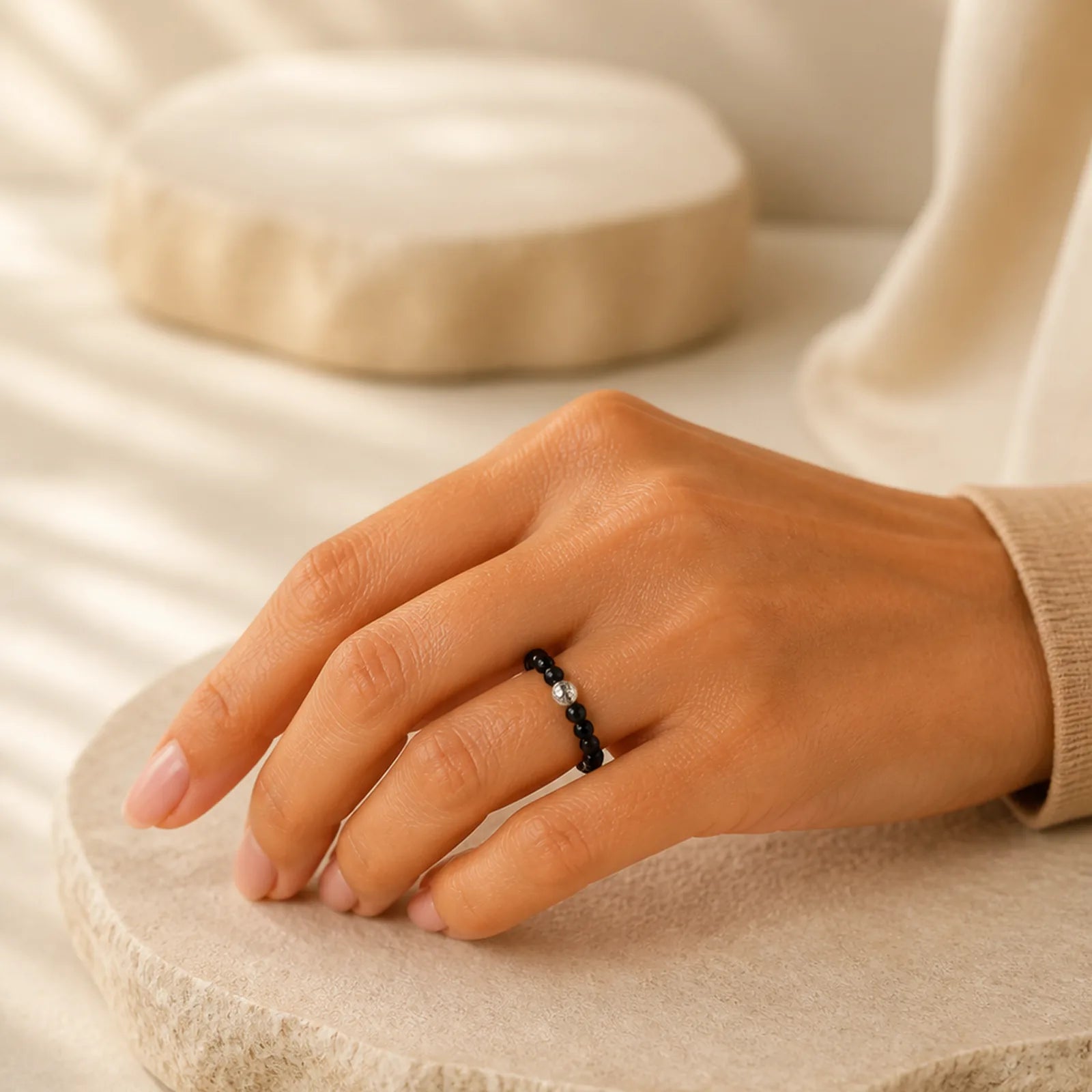 925 Sterling Silver Crystal Beads White Jade Black Onyx Blessing Elastic Ring featuring Silver, White Jade, Jade