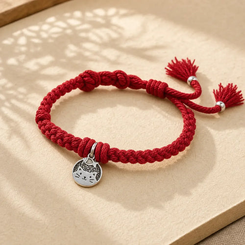 925 Sterling Silver Cute Cat Fish Protection Tibet Red String Adjustable Bracelet featuring Silver, Red String