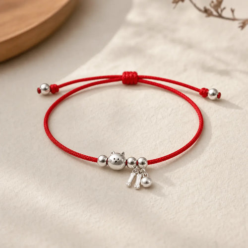 925 Sterling Silver Cute Cat Fish Red String Blessing Bracelet featuring Silver, Red String