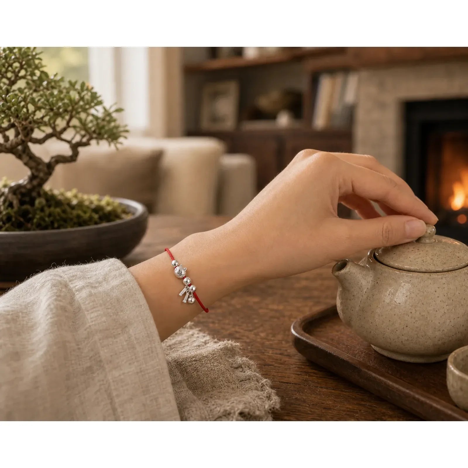 925 Sterling Silver Cute Cat Fish Red String Blessing Bracelet featuring Silver, Red String