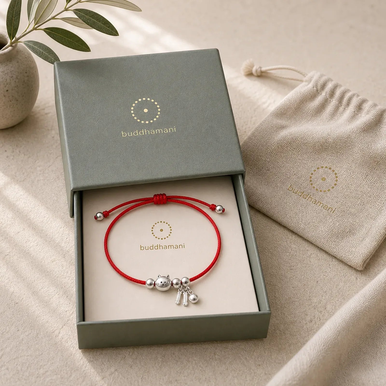 925 Sterling Silver Cute Cat Fish Red String Blessing Bracelet featuring Silver, Red String