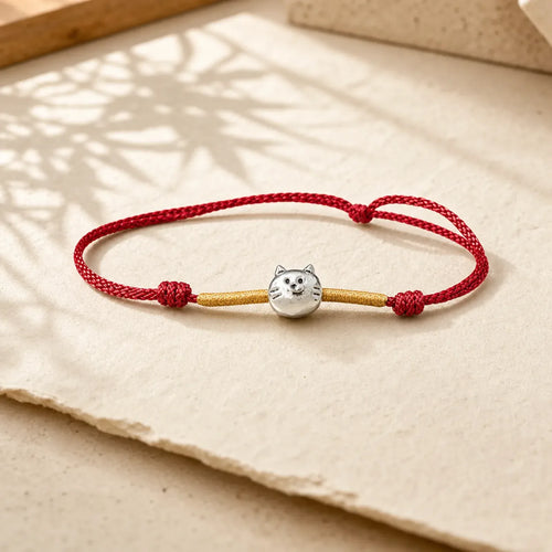 925 Sterling Silver Cute Cat Red String Braided Bracelet featuring Silver, Red String