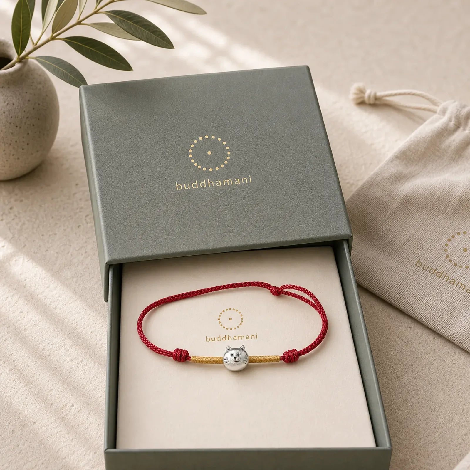 925 Sterling Silver Cute Cat Red String Braided Bracelet featuring Silver, Red String