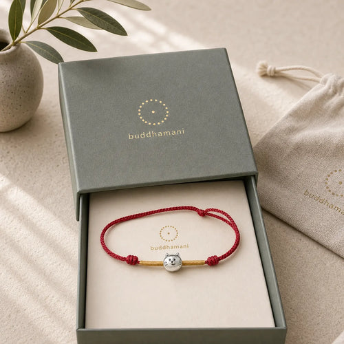 925 Sterling Silver Cute Cat Red String Braided Bracelet featuring Silver, Red String