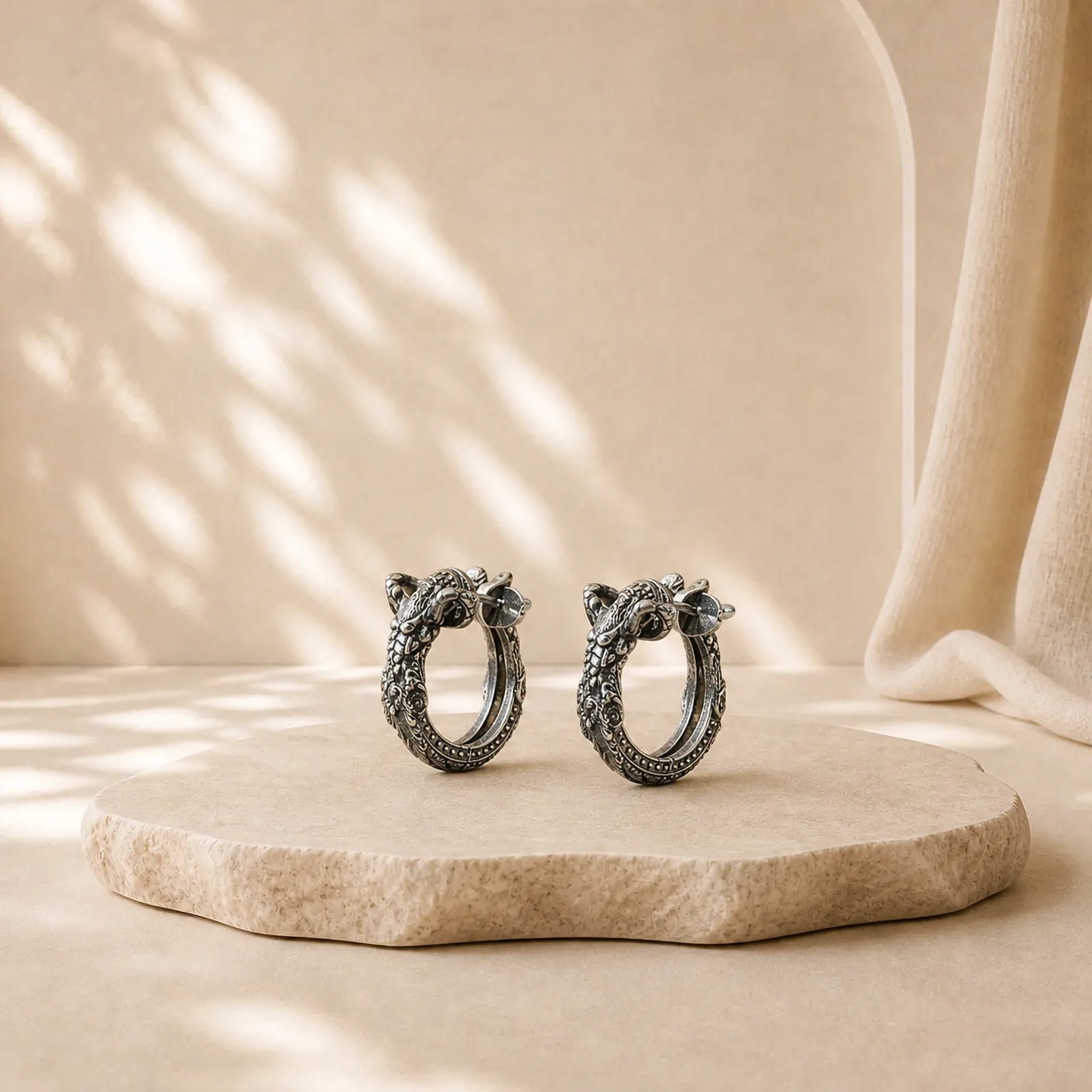 925 Sterling Silver Dragon Hoop Pattern Protection Earrings featuring Silver, Dragon, The Phoenix