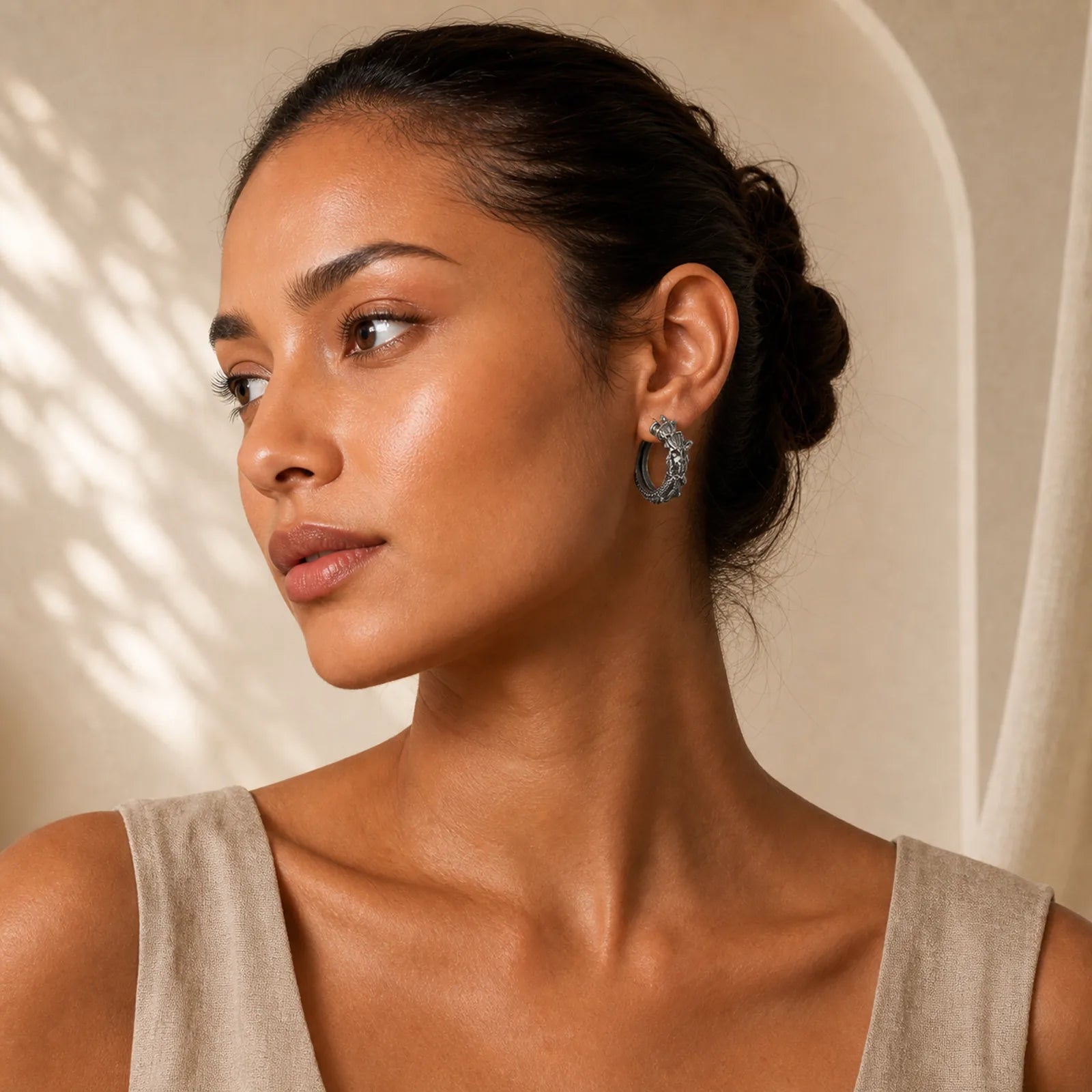 925 Sterling Silver Dragon Hoop Pattern Protection Earrings featuring Silver, Dragon, The Phoenix