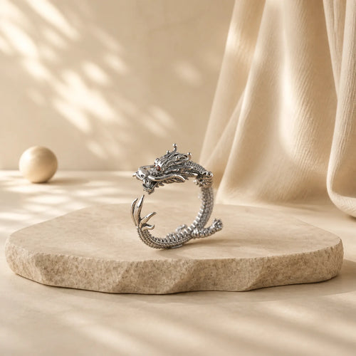 925 Sterling Silver Dragon Luck Protection Ring featuring Silver, Dragon, The Phoenix