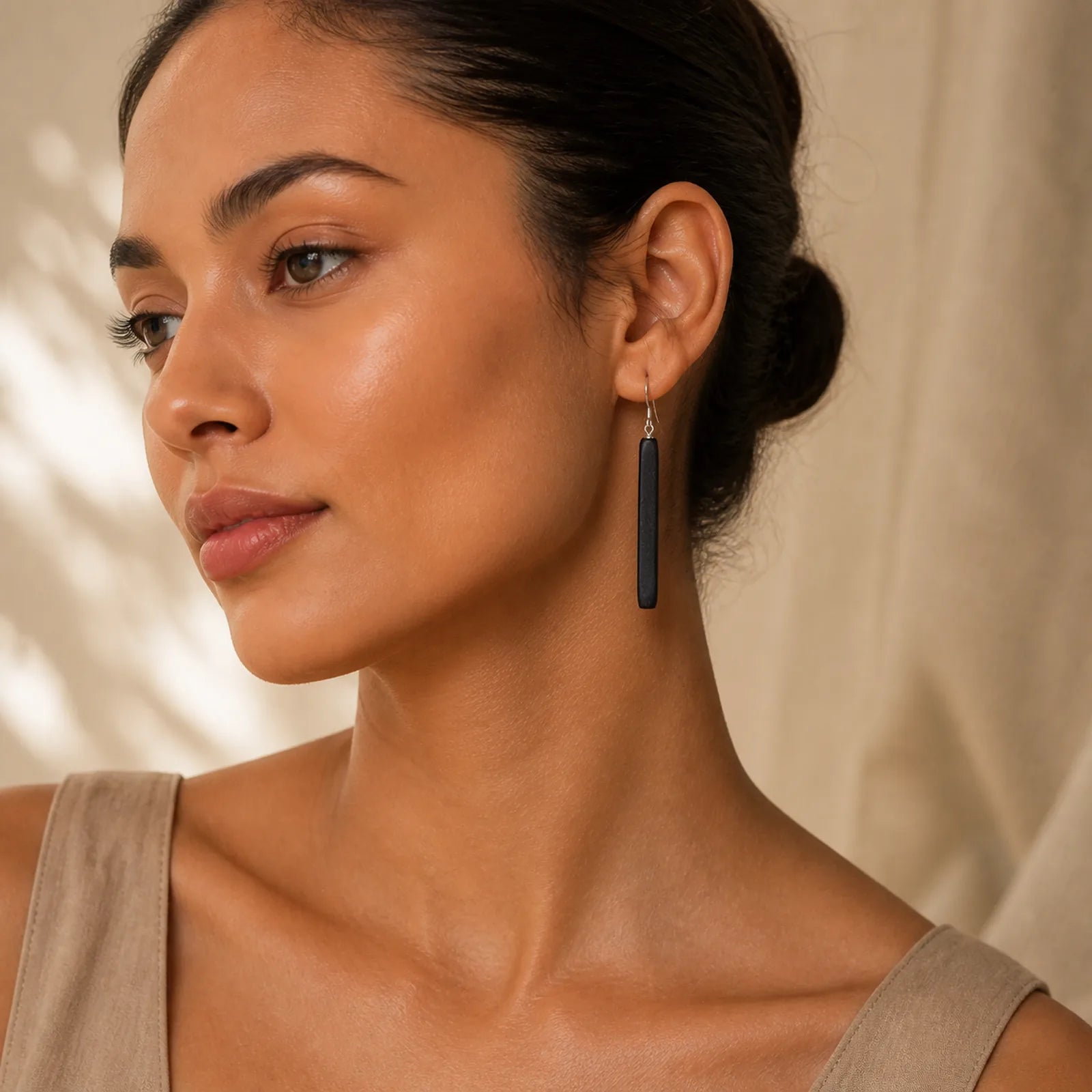 925 Sterling Silver Ebony Wood Texture Balance Peace Drop Dangle Earrings featuring Silver, Ebony Wood, Ebony
