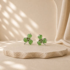 925 Sterling Silver Enamel Hetian Jade Shamrock Luck Earrings featuring Silver, Jade