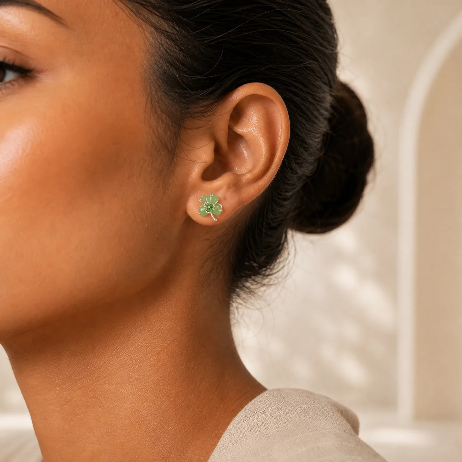 925 Sterling Silver Enamel Hetian Jade Shamrock Luck Earrings featuring Silver, Jade