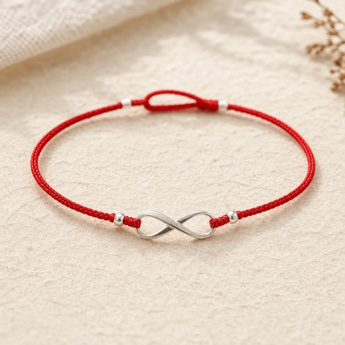 925 Sterling Silver Endless Knot Protection Luck Red String Bracelet Anklet featuring Silver, Red String
