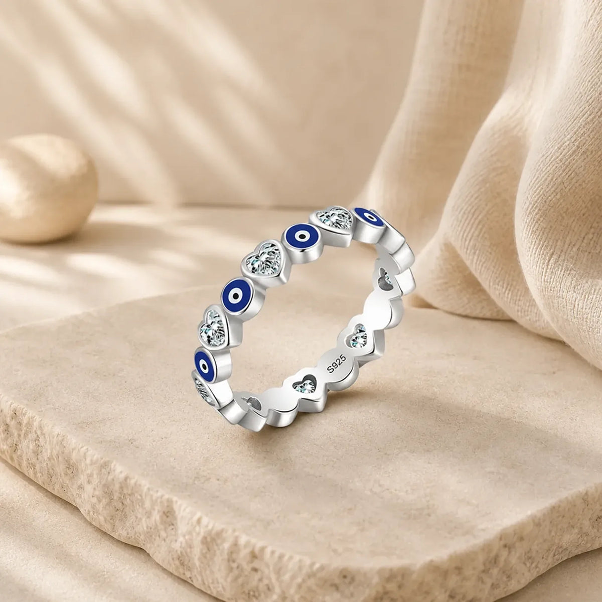 925 Sterling Silver Evil Eye Love Heart Zircon Blessing Ring featuring Silver, Evil Eye