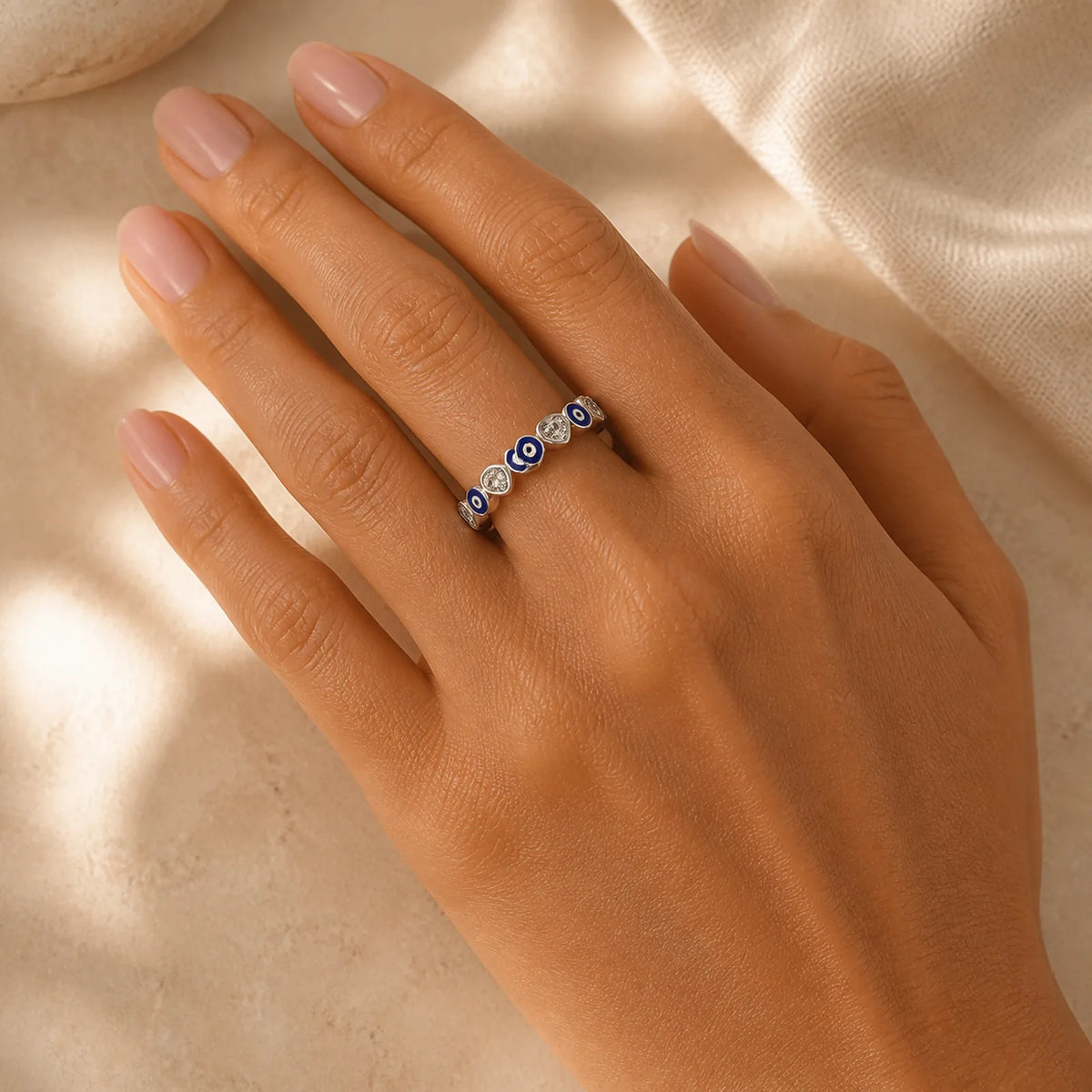 925 Sterling Silver Evil Eye Love Heart Zircon Blessing Ring featuring Silver, Evil Eye
