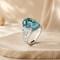 925 Sterling Silver Fengshui Wealth Prosperity Jade PiXiu Luck Ring featuring Silver, Jade, Pixiu