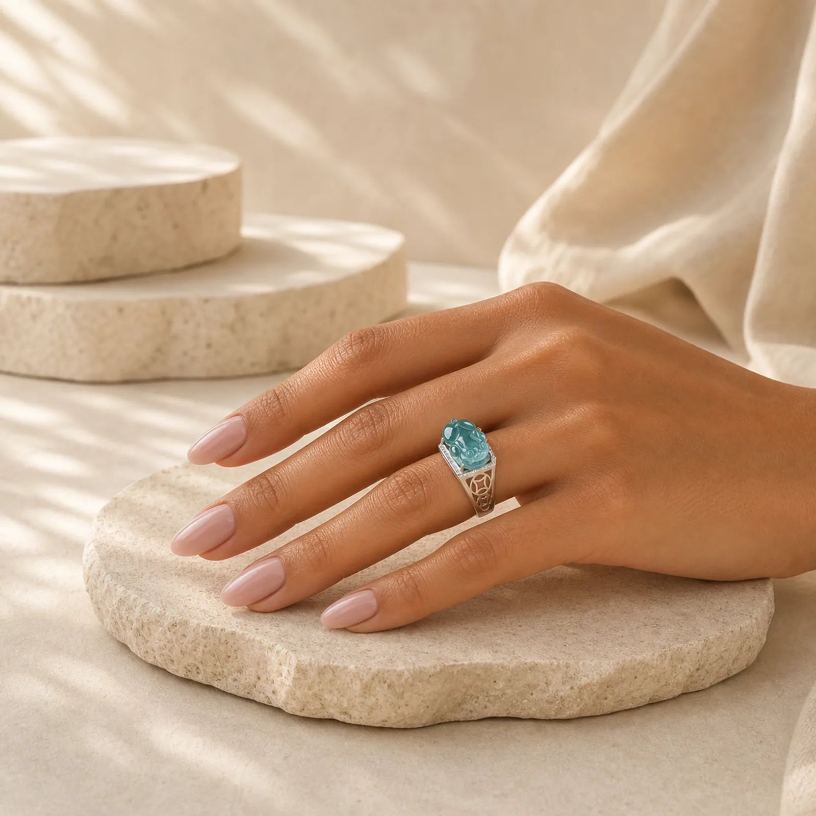 925 Sterling Silver Fengshui Wealth Prosperity Jade PiXiu Luck Ring featuring Silver, Jade, Pixiu