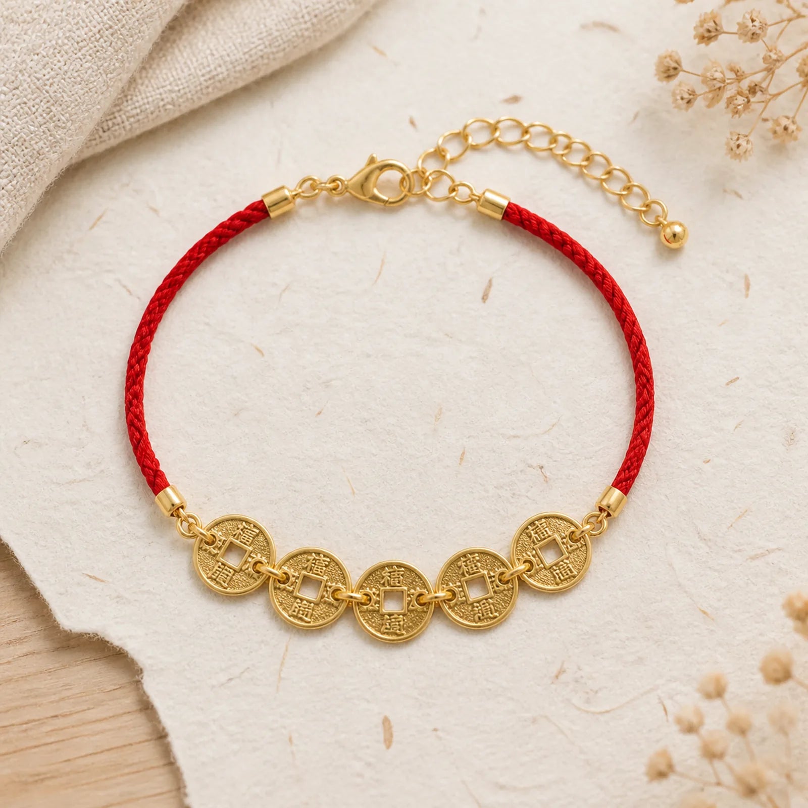 925 Sterling Silver Five-Emperor Coins Red String Balance Bracelet featuring Silver, Five-Emperor Coins, Red String