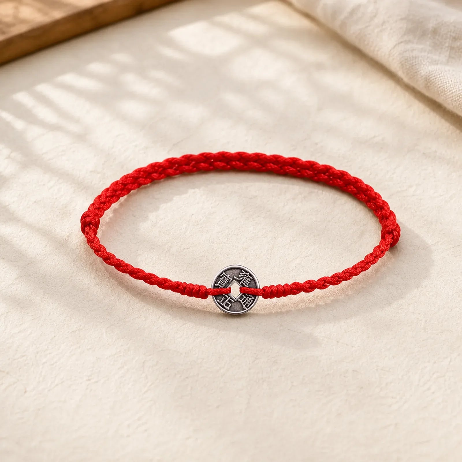 925 Sterling Silver Five Emperor Coins Red String Protection Luck Braided Bracelet Anklet featuring Silver, Five Emperor Coins, Red String
