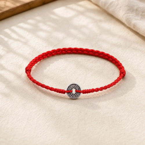 925 Sterling Silver Five Emperor Coins Red String Protection Luck Braided Bracelet Anklet featuring Silver, Five Emperor Coins, Red String