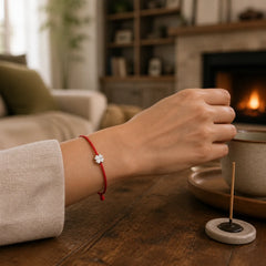 925 Sterling Silver Four Leaf Clover Red Rope Bracelet featuring Silver, Red String