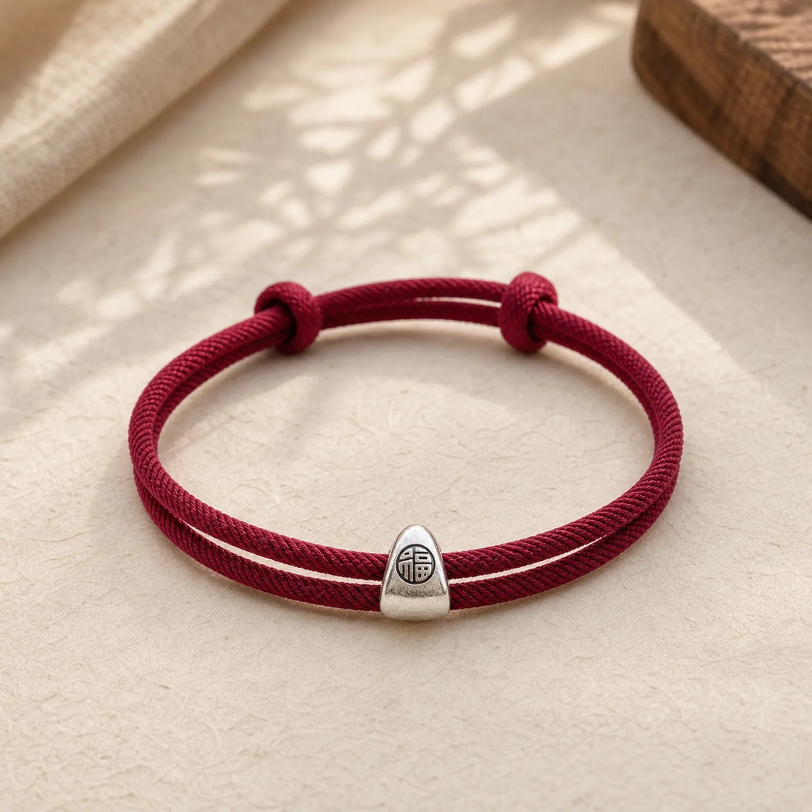 925 Sterling Silver Fu Character Blessing Handmade Braided Bracelet featuring Silver, Fu Character, Red String