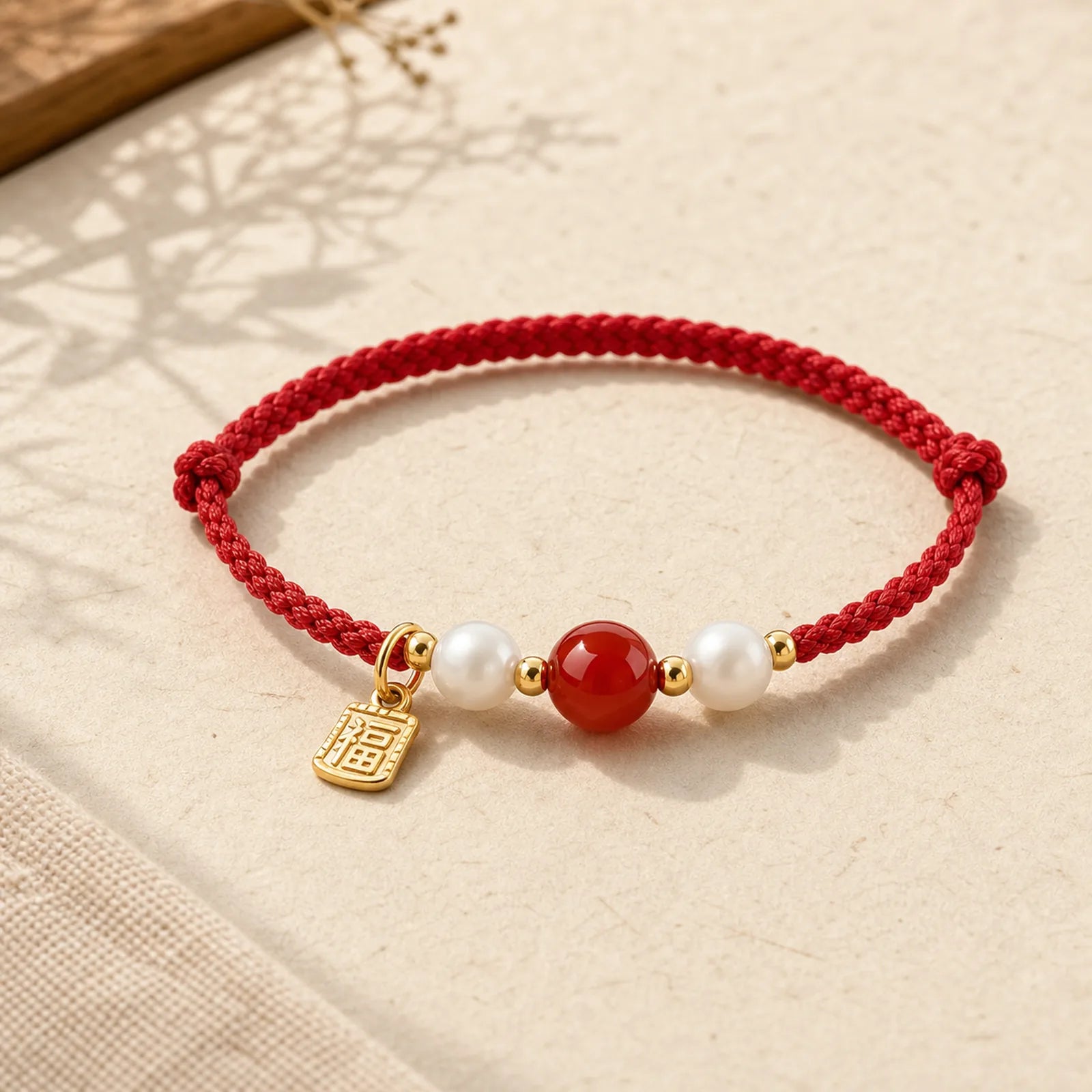 925 Sterling Silver Good Fortune Fu Character Agate Pearl Red String Braid Bracelet featuring Silver, Fu Character, Pearl
