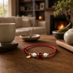 925 Sterling Silver Good Fortune Fu Character Agate Pearl Red String Braid Bracelet featuring Silver, Fu Character, Pearl