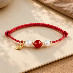 925 Sterling Silver Good Fortune Fu Character Agate Pearl Red String Braid Bracelet (Extra 30% Off | USE CODE: FS30) featuring Silver, Fu Character, Pearl