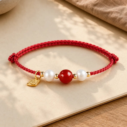 925 Sterling Silver Good Fortune Fu Character Agate Pearl Red String Braid Bracelet (Extra 30% Off | USE CODE: FS30) featuring Silver, Fu Character, Pearl