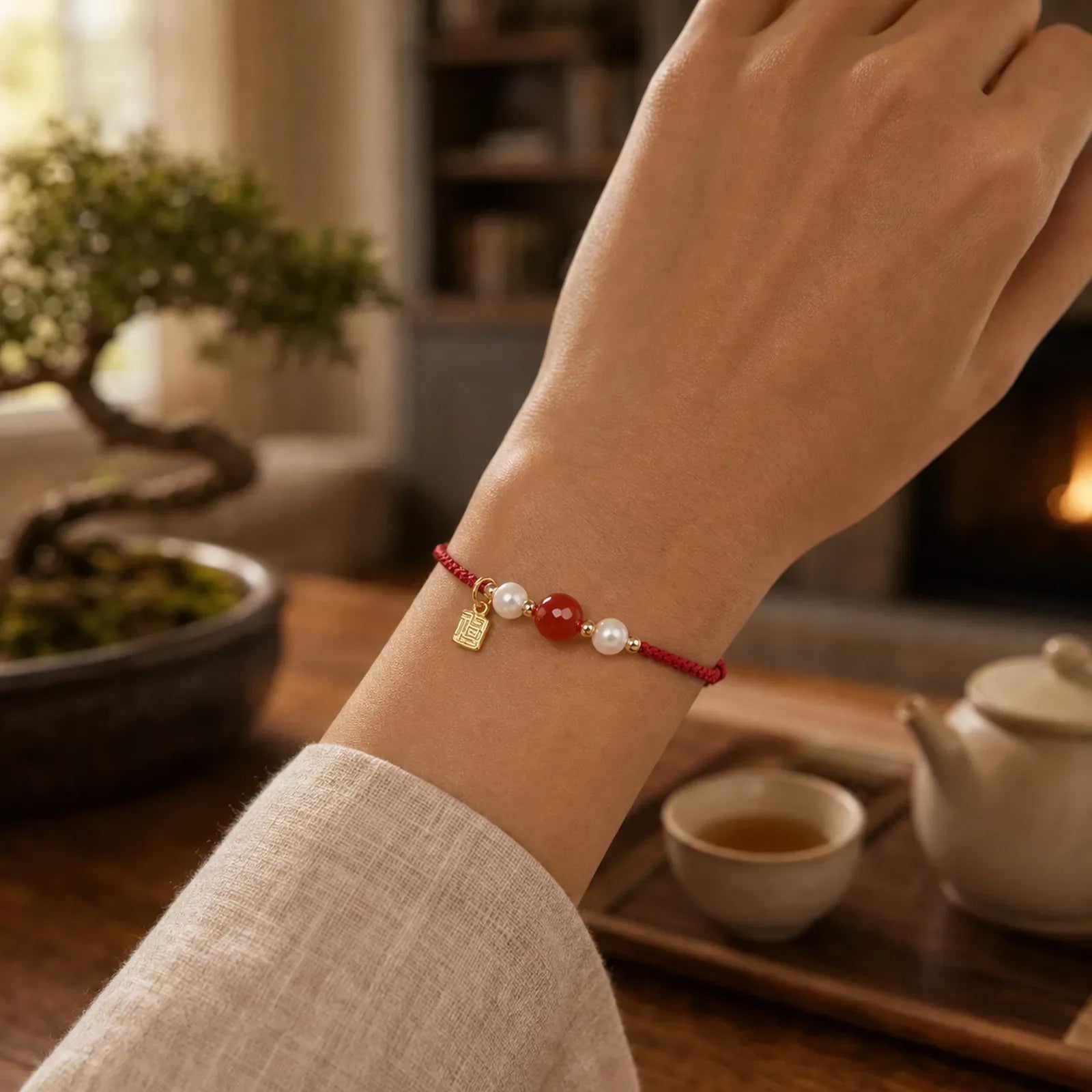 925 Sterling Silver Good Fortune Fu Character Agate Pearl Red String Braid Bracelet (Extra 30% Off | USE CODE: FS30) featuring Silver, Fu Character, Pearl