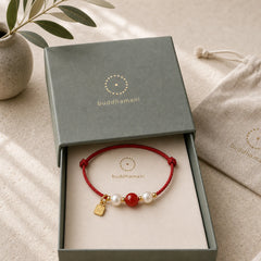 925 Sterling Silver Good Fortune Fu Character Agate Pearl Red String Braid Bracelet featuring Silver, Fu Character, Pearl