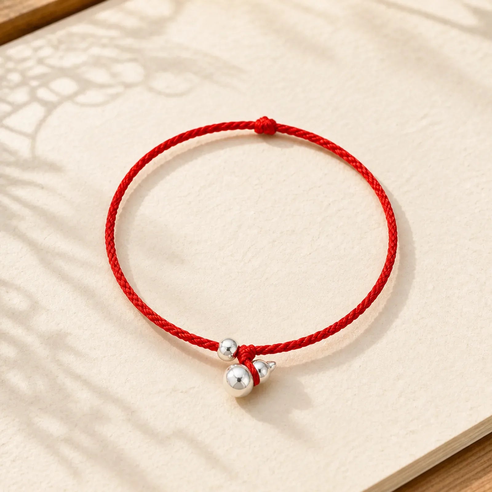 925 Sterling Silver Gourd Lucky Fortune Charm String Connection Bracelet featuring Silver, Red String