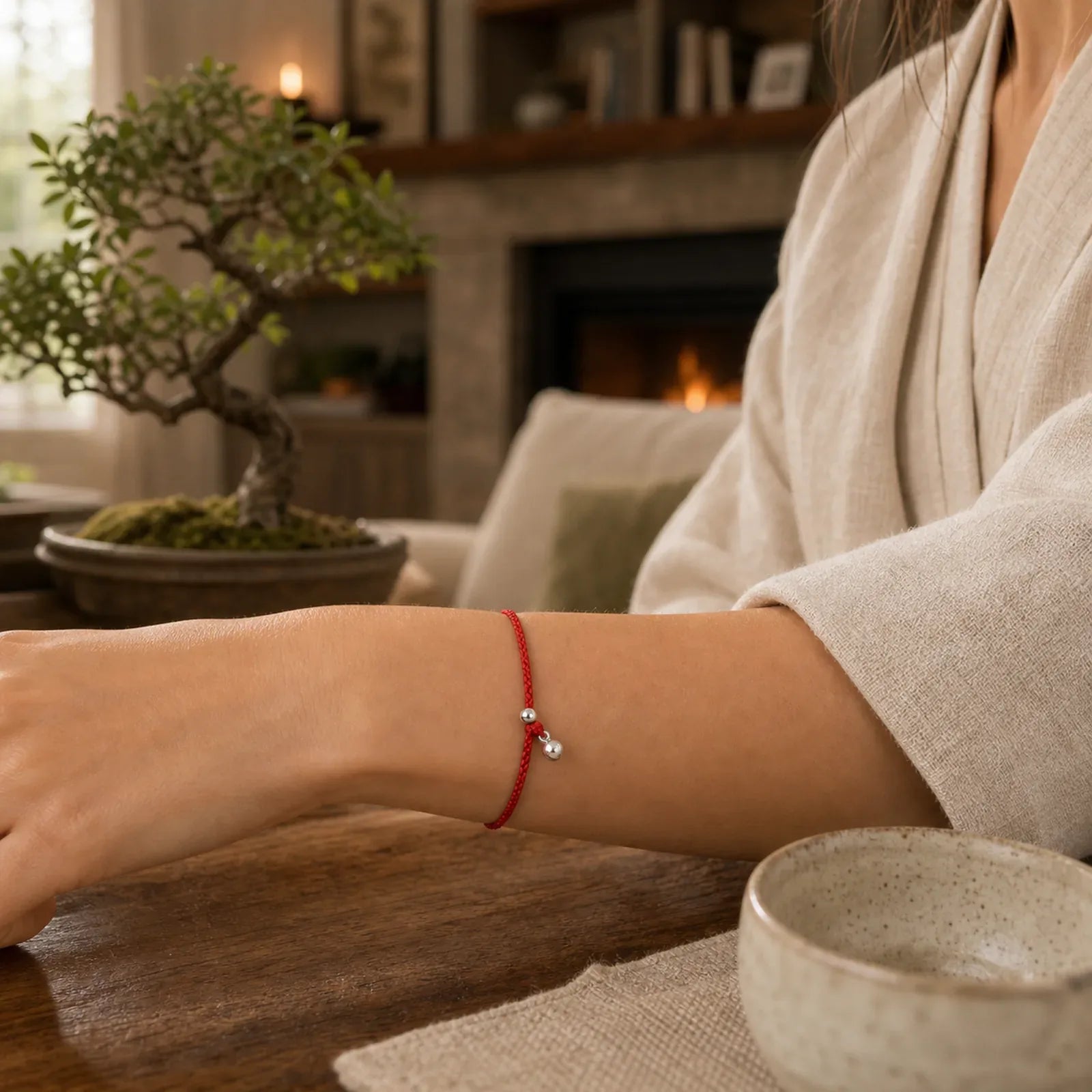 925 Sterling Silver Gourd Lucky Fortune Charm String Connection Bracelet featuring Silver, Red String