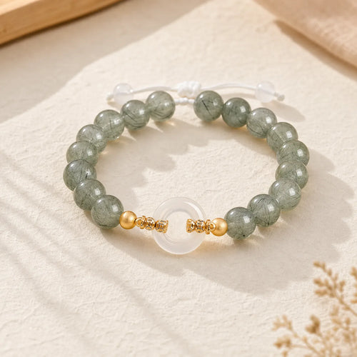 925 Sterling Silver Green Rutilated Quartz White Chalcedony Peace Buckle Courage Bracelet featuring Silver, Rutilated Quartz, Chalcedony