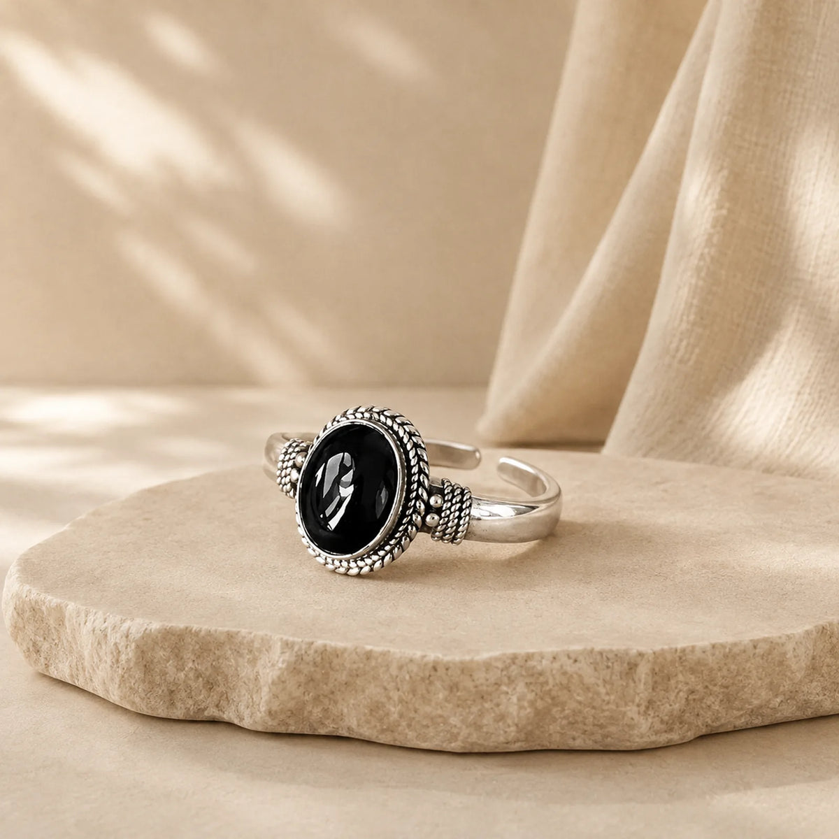 925 Sterling Silver Handmade Black Onyx Fortune Adjustable Ring featuring Silver, Black Onyx