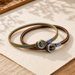 925 Sterling Silver Handmade Button Protection Weave String Bracelet featuring Silver
