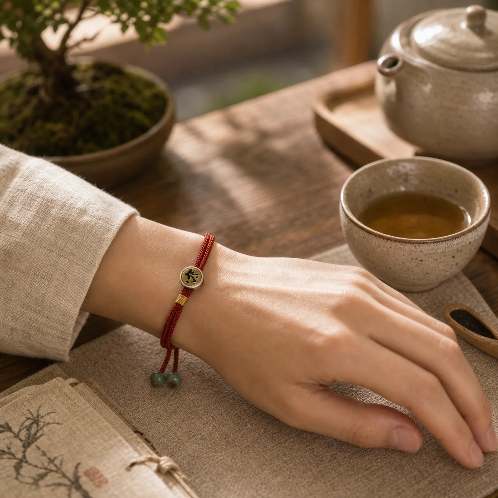 925 Sterling Silver Handmade Chinese Zodiac Natal Buddha Cyan Bodhi Seed Protection Braided Red String Bracelet featuring Silver, Bodhi Seed, Red String