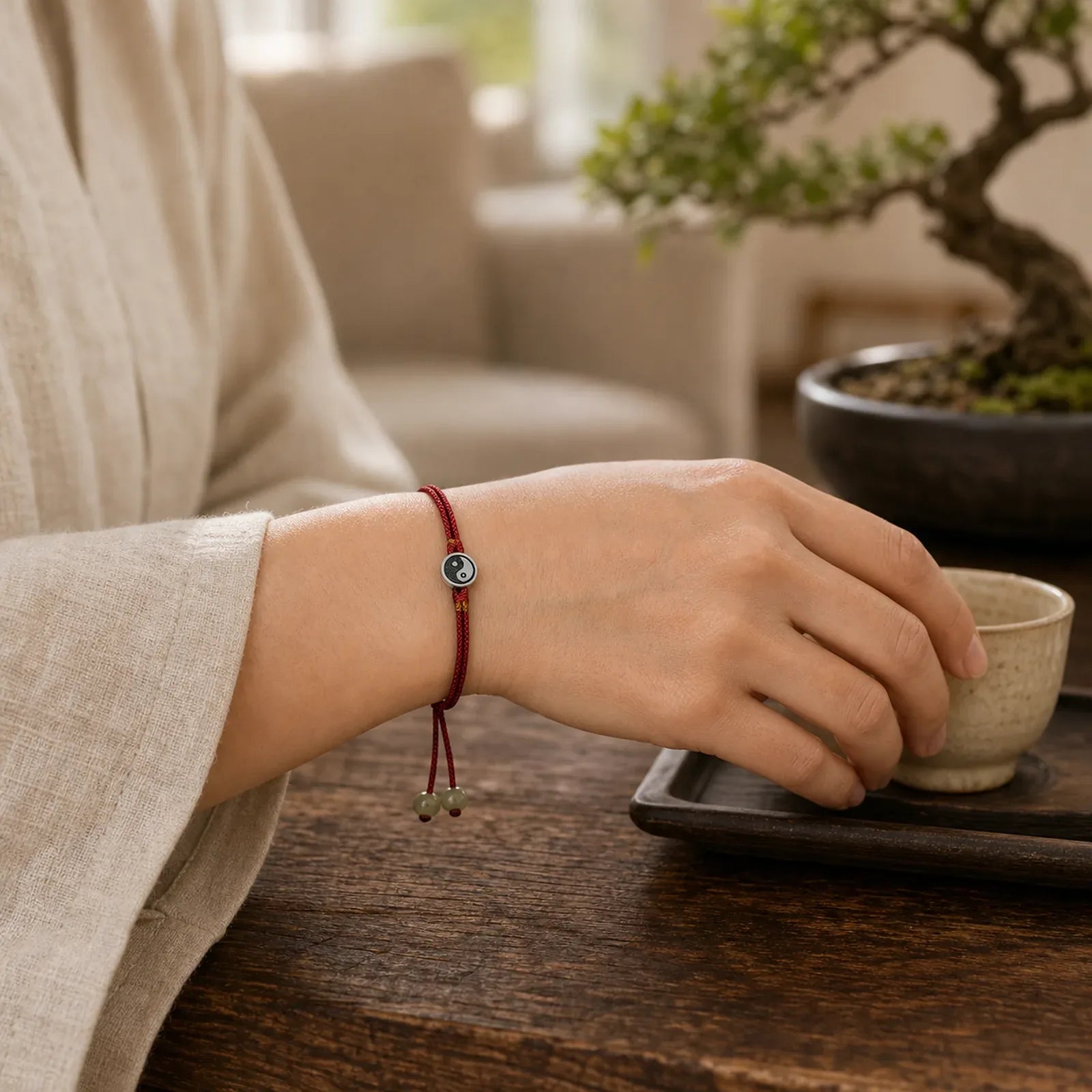925 Sterling Silver Handmade Round Yin Yang Protection Vintage Braided Red String Bracelet featuring Silver, Red String, Yin Yang Symbol