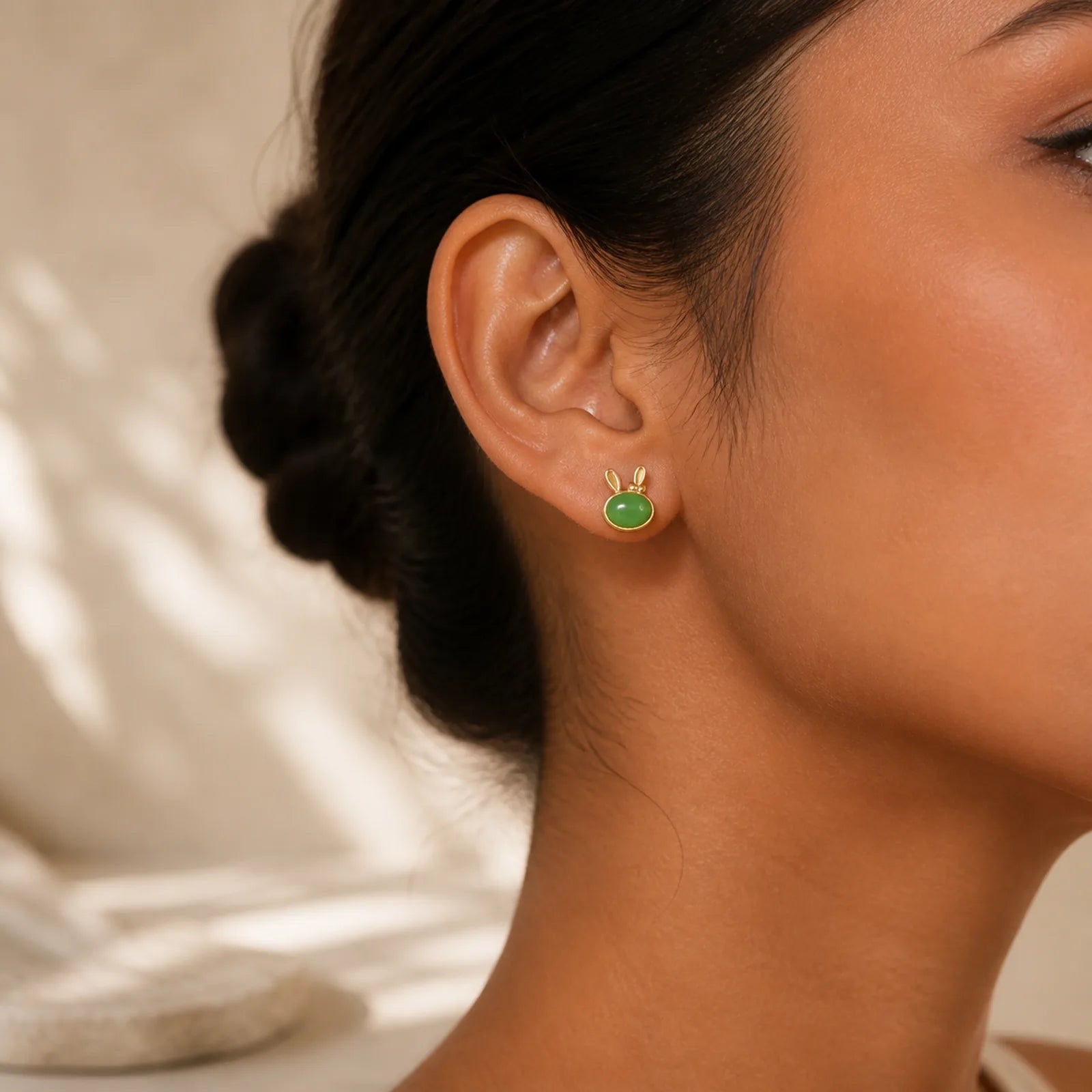 925 Sterling Silver Hetian Cyan Jade Cute Rabbit Luck Stud Earrings featuring Silver, Cyan Jade, Jade