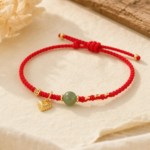925 Sterling Silver Hetian Jade Bead Copper Coin Love Heart Charm Luck Bracelet featuring Silver, Jade, Copper