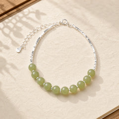 925 Sterling Silver Hetian Jade Bead Luck Chain Bracelet featuring Silver, Jade